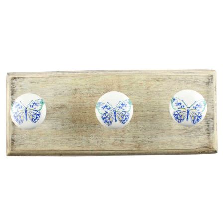 Blue Butterfly Ceramic Wooden Hook